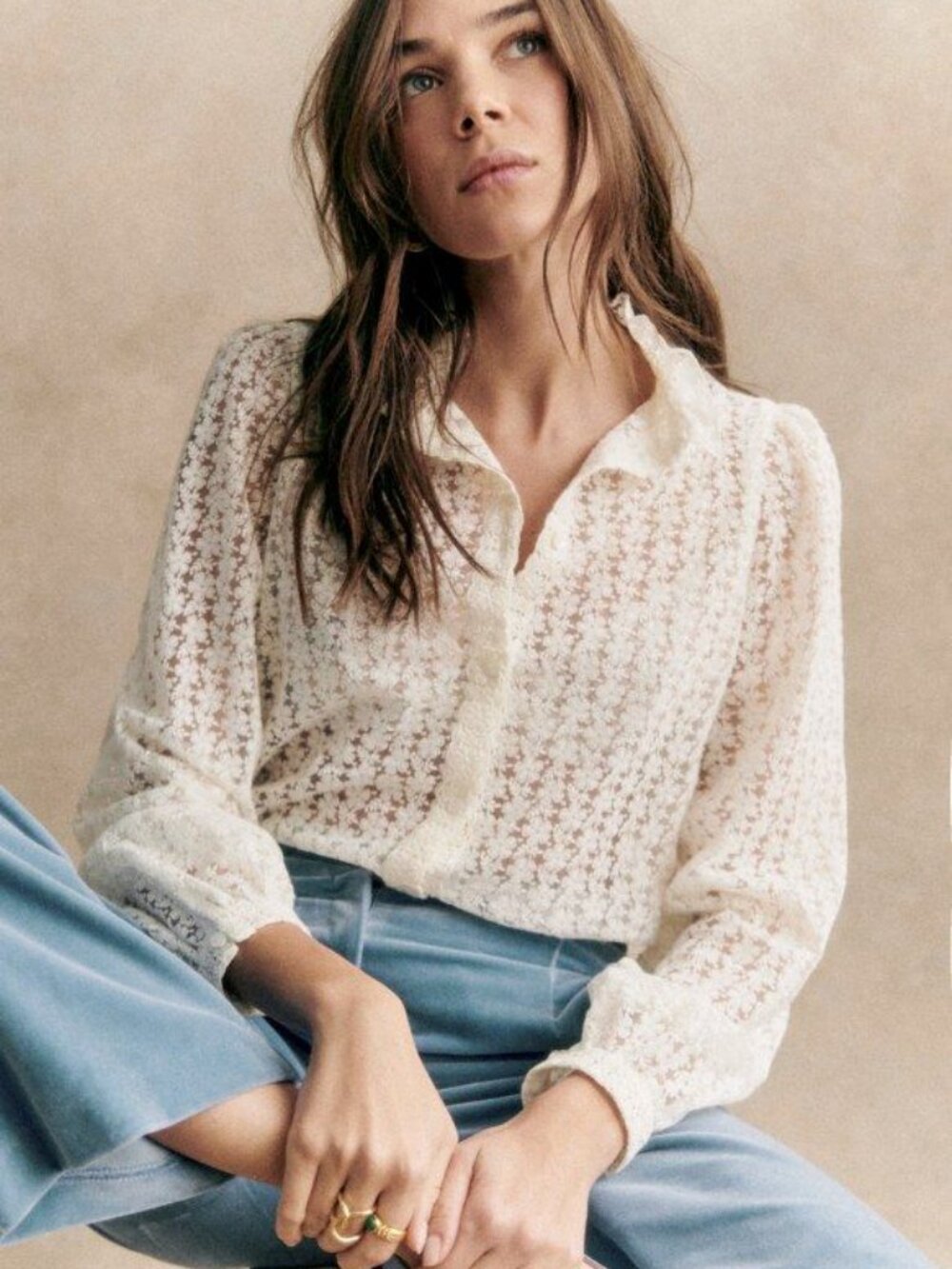 NWT Sezane Cathy Blouse Button Down Shirt Sheer Floral Ecru sz 40 or 8 US